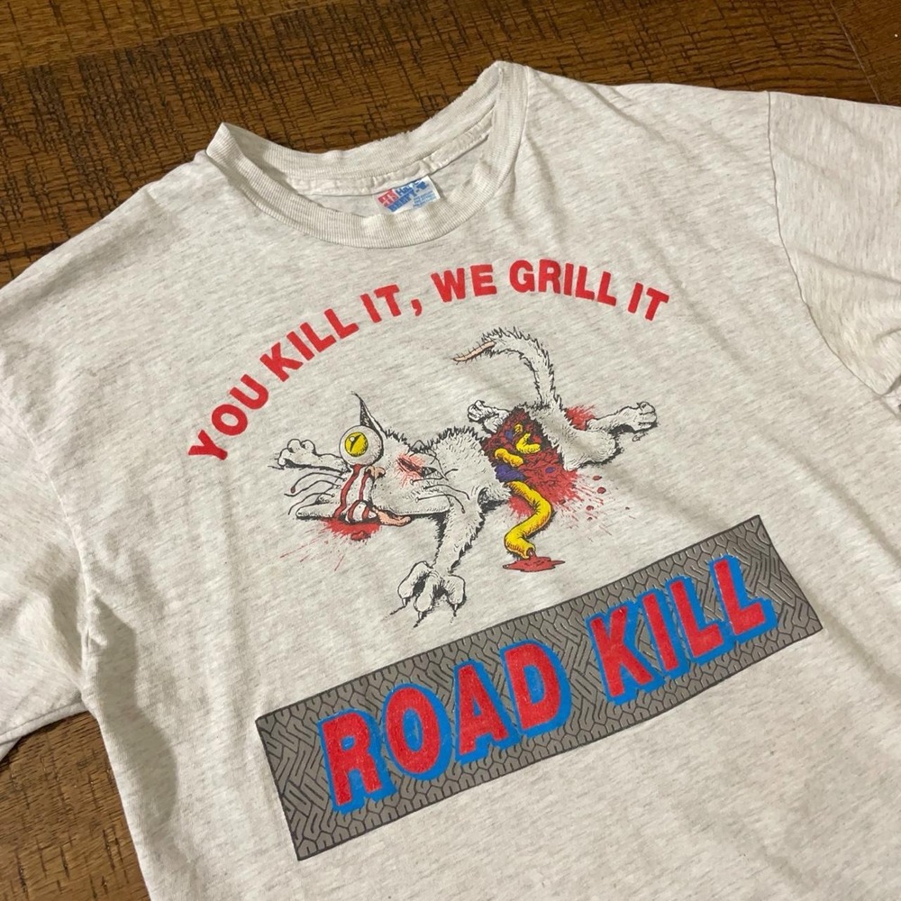 Hanes Road Kill Menu Graphic Tee Mens L Grey Retro Humor Single Stitch 90s